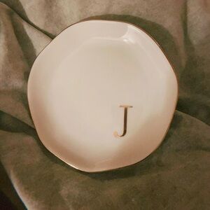 Elegant White Monogrammed Jewelry plate with Gold Accent
